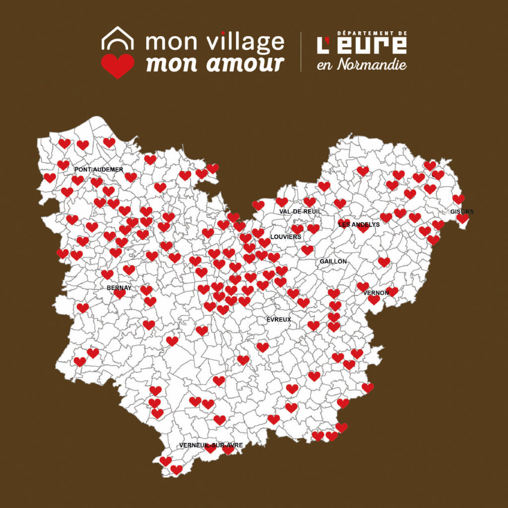 l'image montre toutes les communes qui ont bénéficié du dispositif "Mon Village Mon Amour"