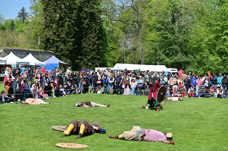5 personnes allongés au sol et un combattant debout, foule en train de regarder