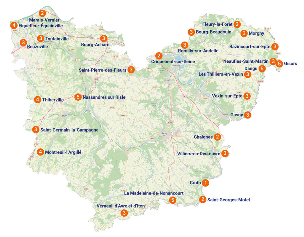 carte de l'eure avec des noms de ville et des points oranges
