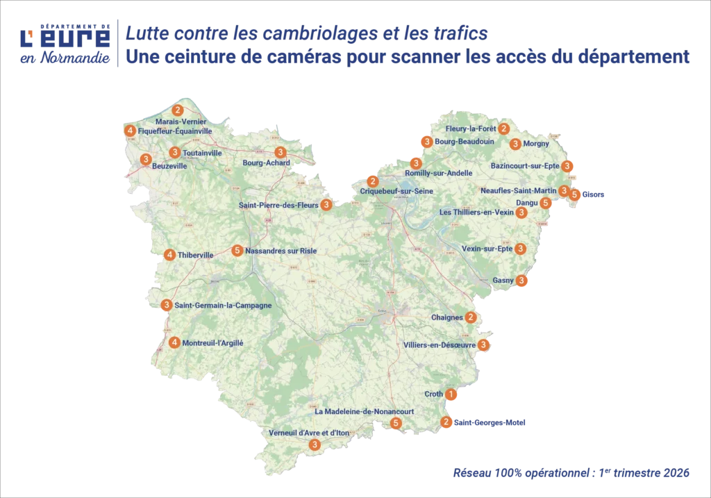 carte-videoprotection carte du département de l'Eure avec différents points oranges